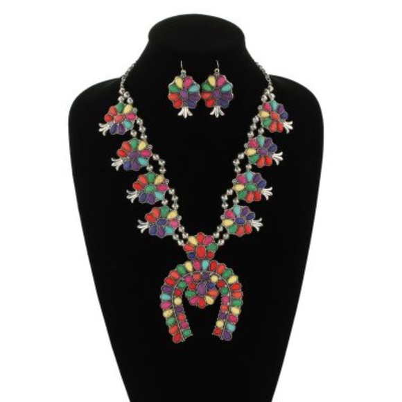 Multi Colored Squash Blossom Necklace with Earring - Picture 5 of 5